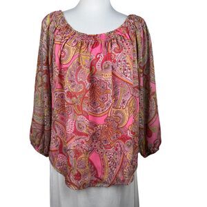 Tommy Hilfiger Women's Blouse Sz M Chiffon Lined Pink Paisley Long Sleeves